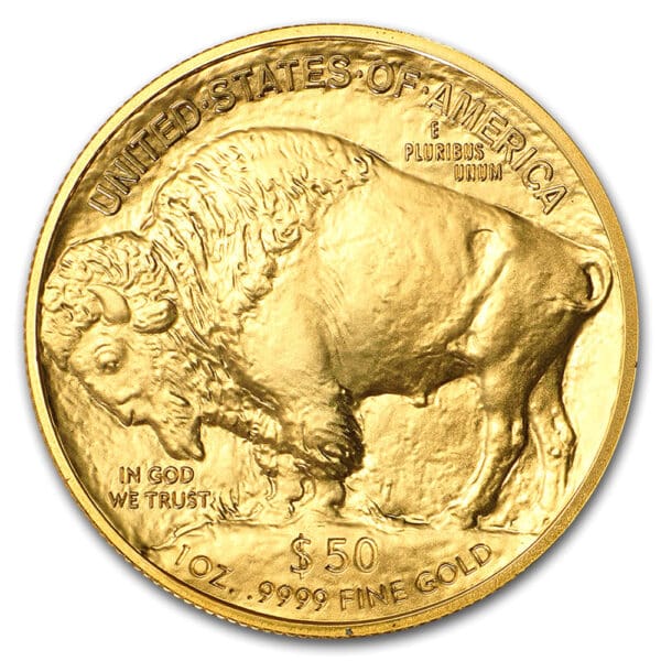 A gold coin with an image of a buffalo on it.